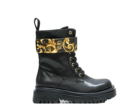 Versace Jeans Women's Black & Gold Printed Lace Up Boot 73VAS64