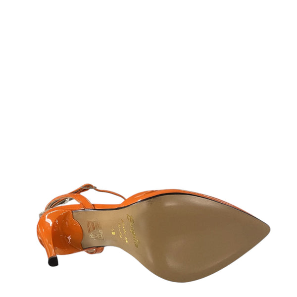 Bruglia Orange patent Jewel high heel with ankle strap shoe