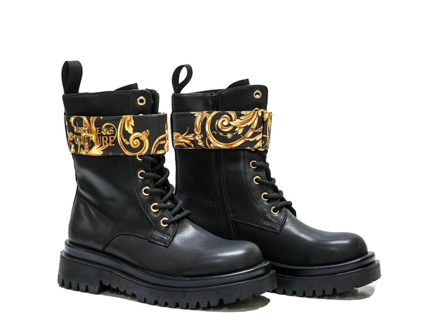 Versace Jeans Women's Black & Gold Printed Lace Up Boot 73VAS64 - 40% OFF