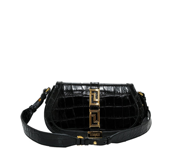 Versace Black & Gold Embossed Croc Leather Bag 1007128 30% OFF