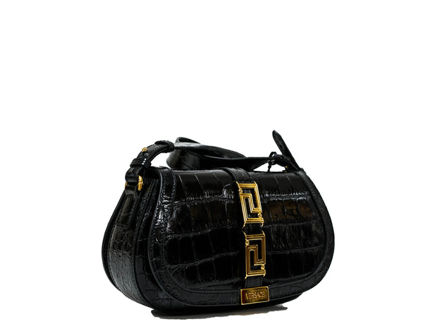 Versace Black & Gold Embossed Croc Leather Bag 1007128 30% OFF