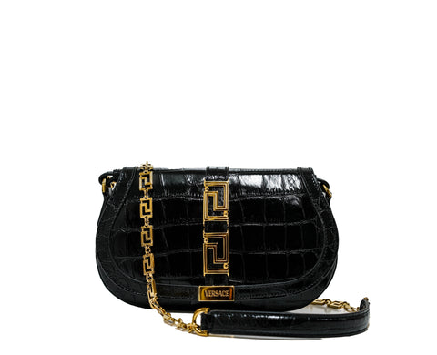 Versace Black & Gold Embossed Croc Leather Bag 1007128 30% OFF