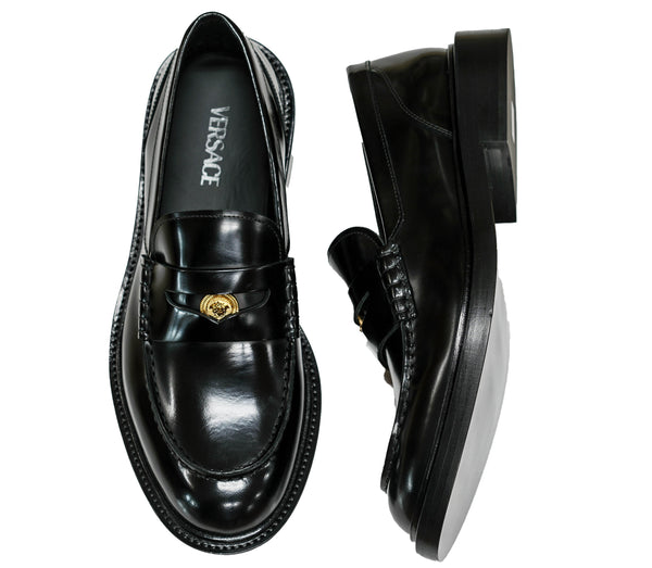 Versace Men's Black & Gold Leather Loafer 1006169