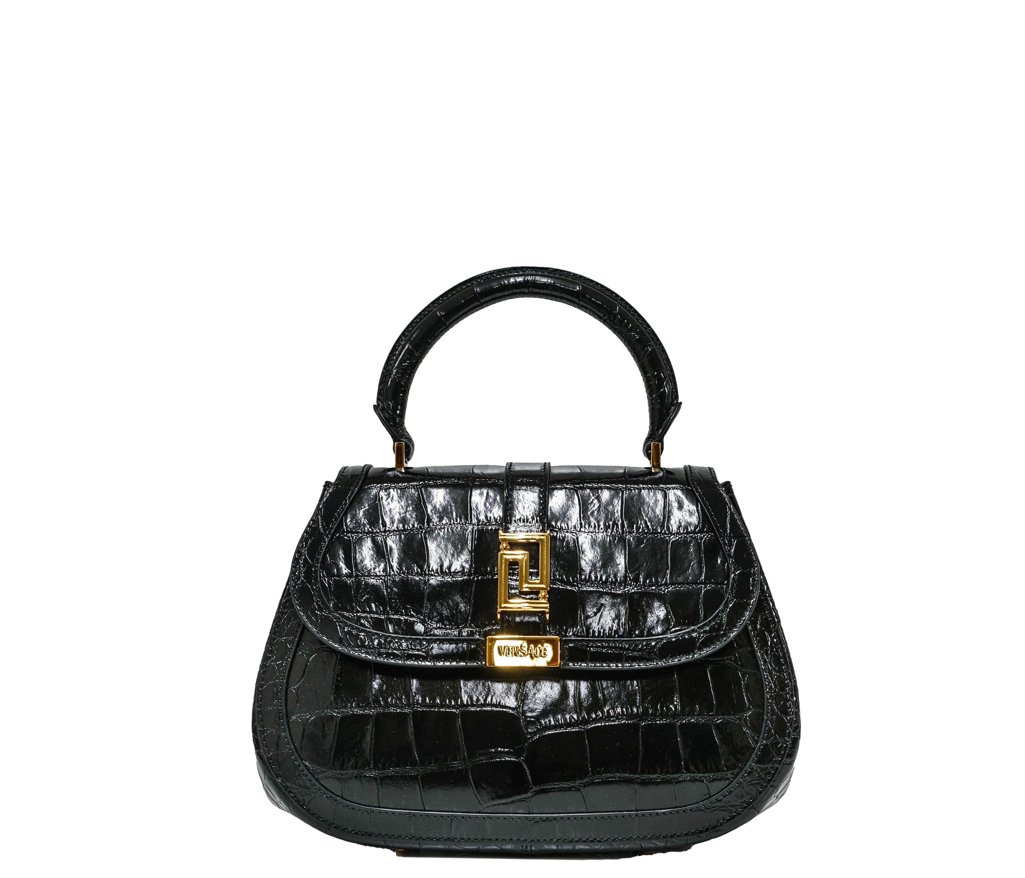 Versace Black & Gold Embossed Croc Medium Leather Bag 1012105 30% off