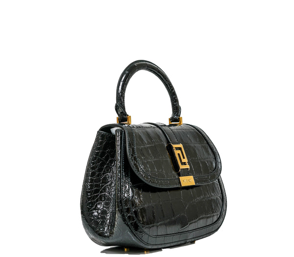 Versace Black & Gold Embossed Croc Medium Leather Bag 1012105 30% off