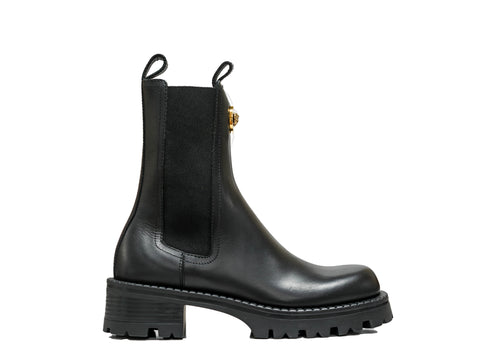 Versace Women's Black Leather Boot with Gold Logo 1012040