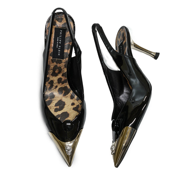 Philipp Plein Women's Black Patent Skull Sling Back PLE10 $590 FIXED PRICE