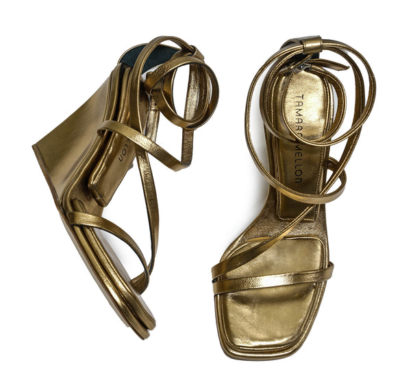 Tamara Mellon Women's Leather Gold Wedge Sandal 924-90 FIXED PRICE $590