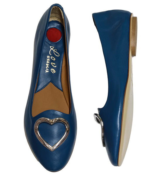 Love Bruglia Women’s Blue Leather Heart Flat Shoe 7324