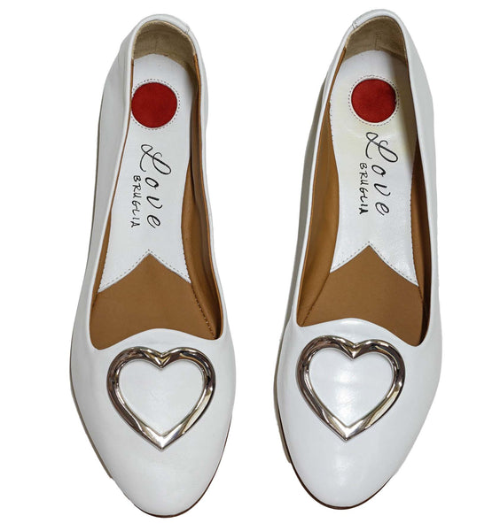 Love Bruglia Women’s White Leather Heart Flat Shoe 7324