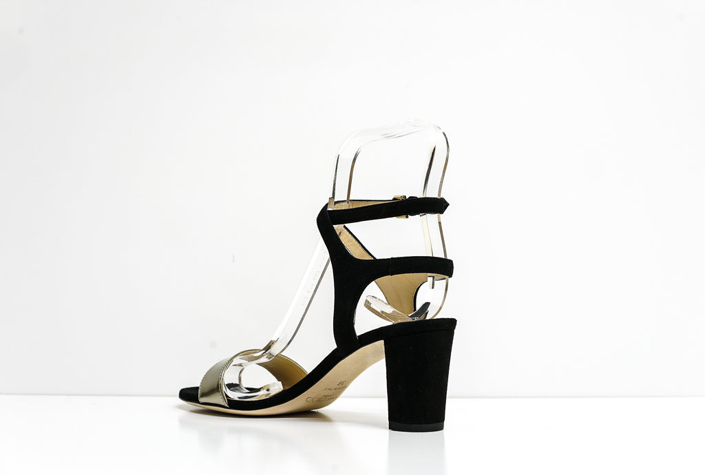 Jimmy Choo Women s Black Dore Suede Mirror Leather Sandal Marine 6 Luisa Boutique
