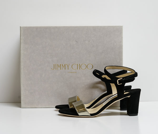 Jimmy Choo Women's Black & Dore Suede & Mirror Leather Sandal Marine 65 - Last size 36