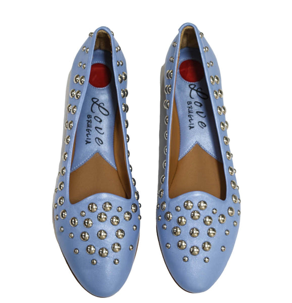 Love Bruglia Women’s Leather Blue Stud Flat Shoe 6868