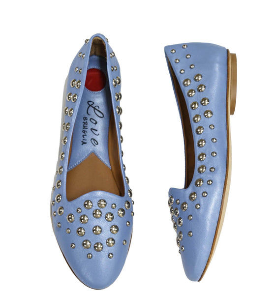 Love Bruglia Women’s Leather Blue Stud Flat Shoe 6868