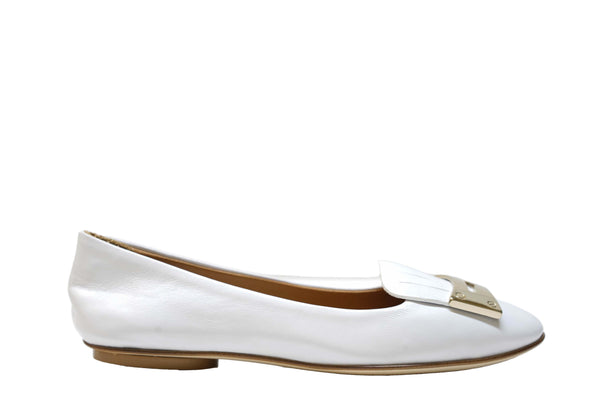 Love Bruglia Women’s White & Gold Leather Fringe Flat Shoe 6930
