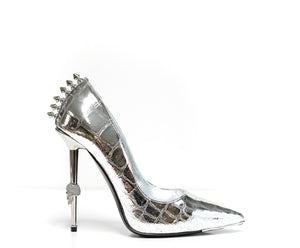 Philipp Plein Women's Silver Crack Leather with Stud Pump AOS6054