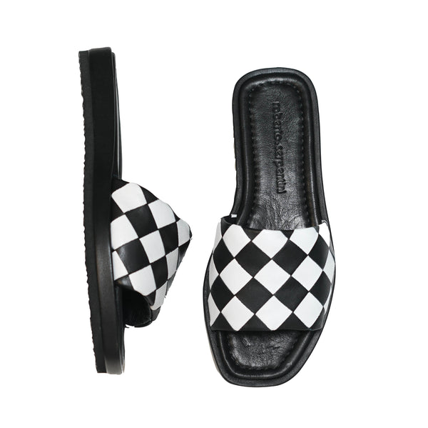 Roberto Serpentini Women's Black Leather Check Flats Sandals 30721