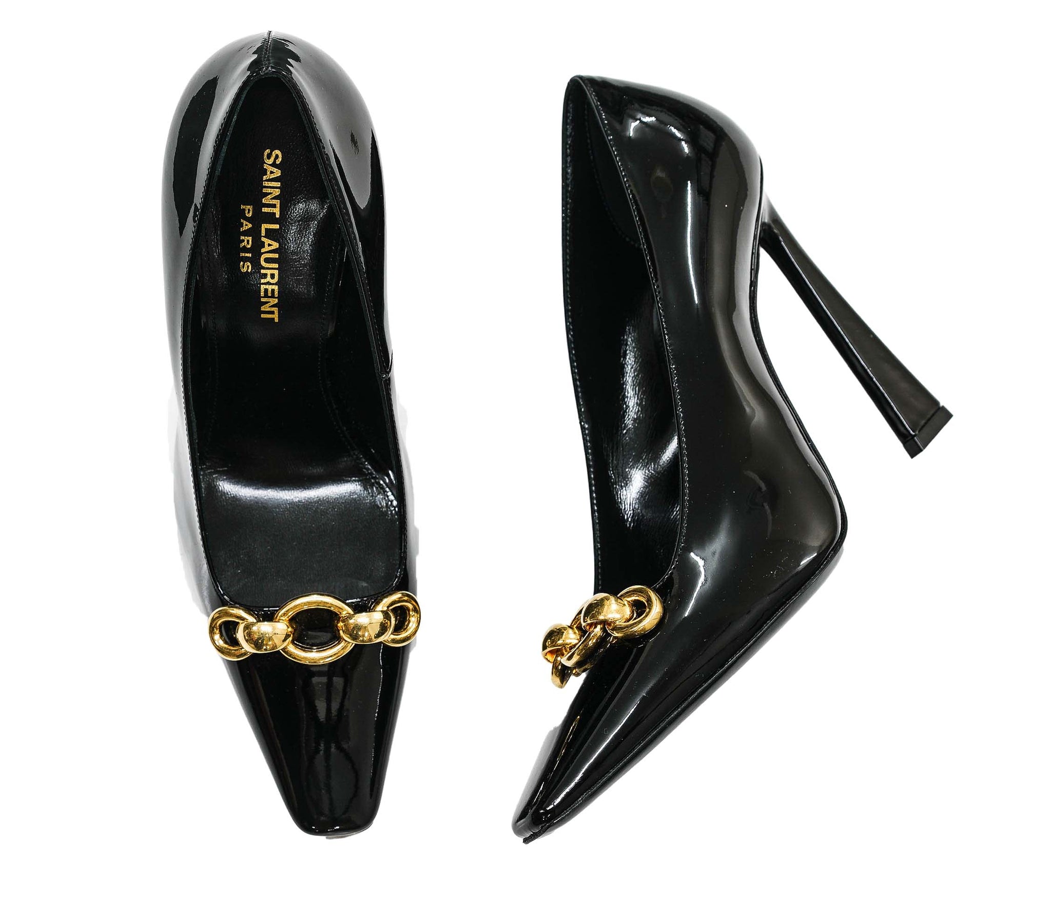 Saint Laurent Women s Black Patent Chain Pump 716572 Silvana 110 Pump Luisa Boutique