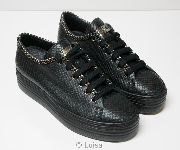 Stokton Women's Black Chain Printed Leather Sneaker 500-D