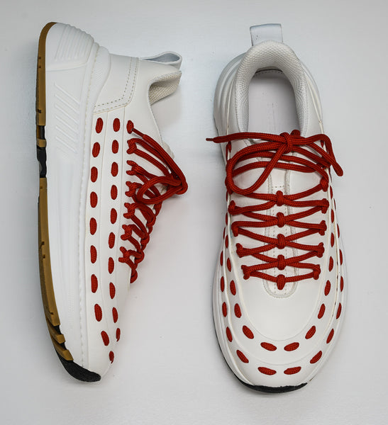 Bottega Veneta Men’s White & Red Leather Sneakers 578305 Now Half price