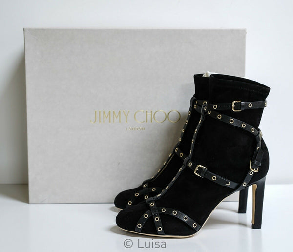 Jimmy Choo Women's Black Suede Eyelet Ankle Boot Brianna 85